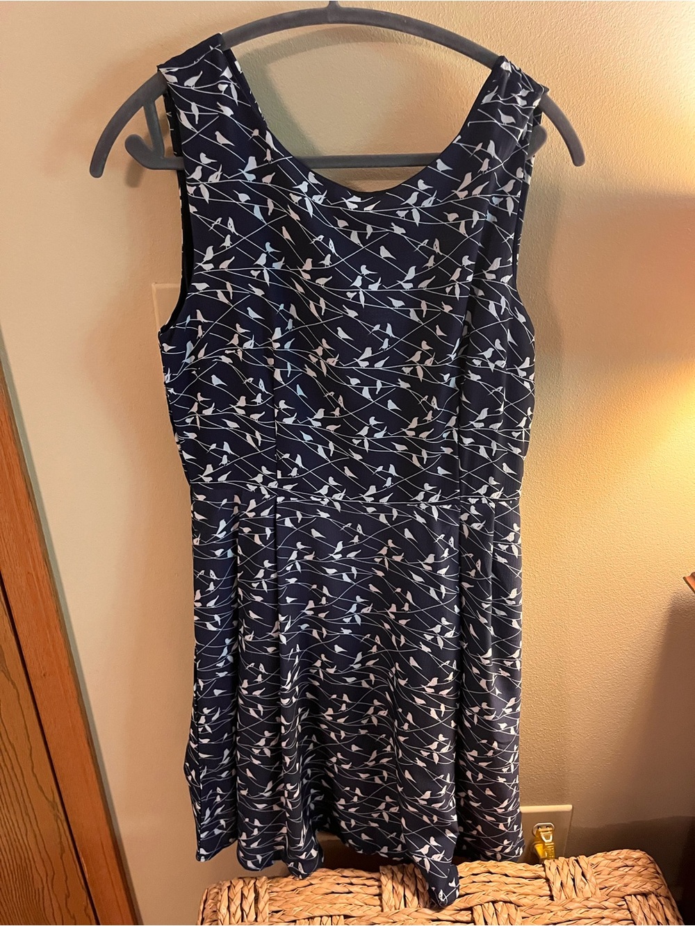 Navy Midi Dress with White Bird Print - Sleeveless Fit-and-Flare